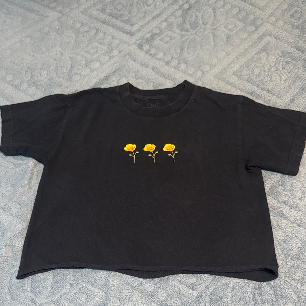 J. Galt Chic navy blue Crop Top with Yellow Floral Embroidery